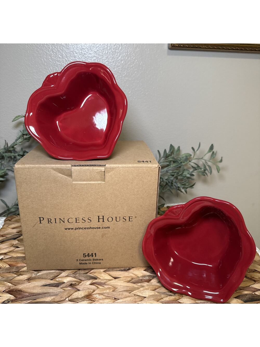 Princess House Set of 2 Red Heart Shaped Mini Casserole Ceramic Bakers 5441 EUC